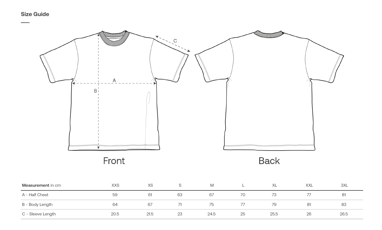 Size Chart for Blaster T-Shirt
