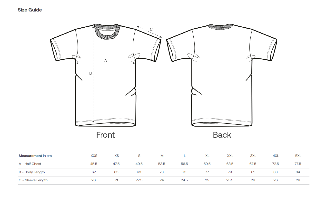 Size Chart for Creator T-Shirt 