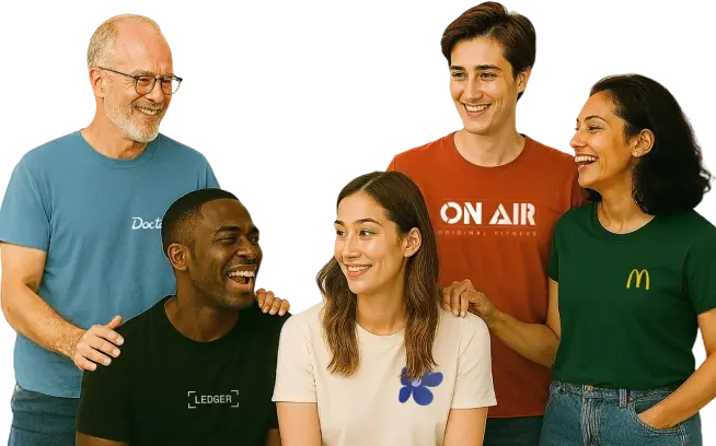 UK business team in custom branded corporate t-shirts